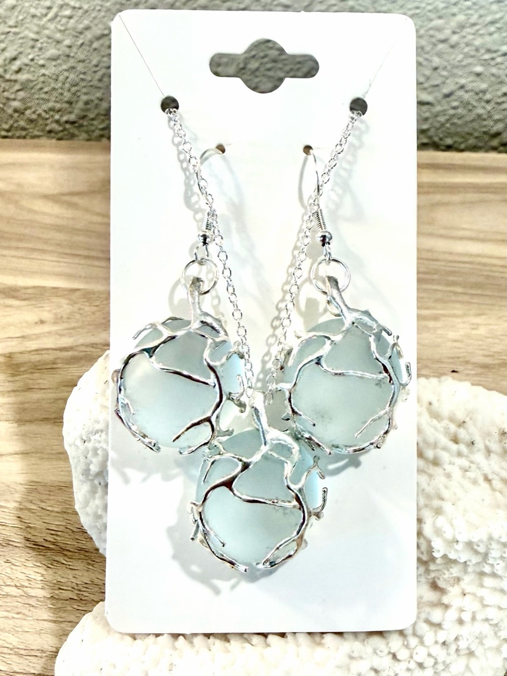 1. Silver Sea Glass Pendant Necklace and Earrings Set - Light Aqua